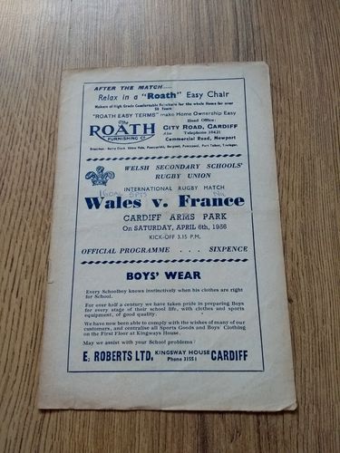 Wales Schools v France Schools Apr 1956 Rugby Programme