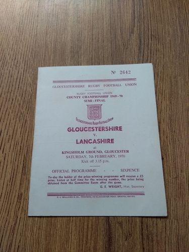 Gloucestershire v Lancashire 1970 County Championship Semi-Final Rugby Programme