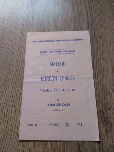 Matson v Gordon League 1971 N. Gloucestershire Senior Cup Final Rugby Programme