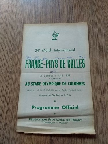 France v Wales Apr 1959 Rugby Programme