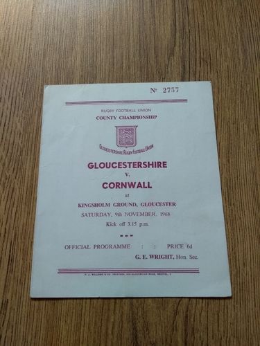 Gloucestershire v Cornwall Nov 1968 Rugby Programme