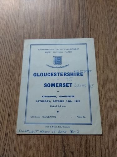 Gloucestershire v Somerset Oct 1958 Rugby Programme