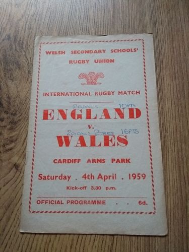 Wales Schools v England Schools Apr 1959 Rugby Programme