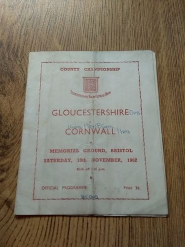 Gloucestershire v Cornwall Nov 1962 Rugby Programme