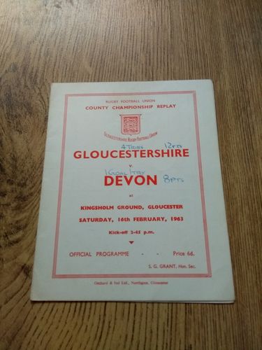 Gloucestershire v Devon Feb 1963 County Championship Replay Rugby Programme