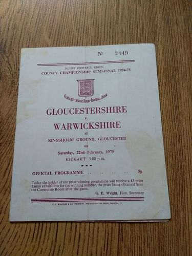 Gloucestershire v Warwickshire Feb 1975 County Semi-Final Rugby Programme