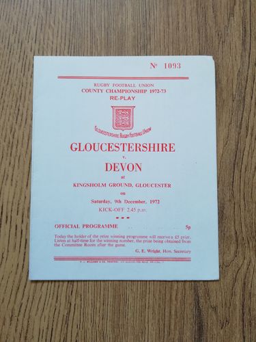Gloucestershire v Devon Dec 1972 County Championship Replay Rugby Programme