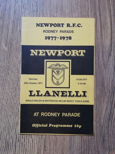 Newport v Llanelli Oct 1977 Rugby Programme