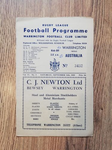Warrington v Australia Sept 1963 Rugby League Programme
