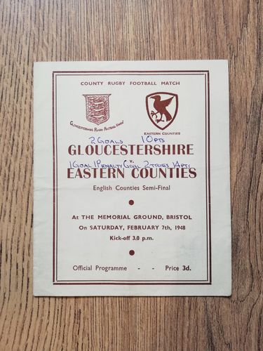 Gloucestershire v Eastern Counties 1948 County Semi-Final Rugby Programme
