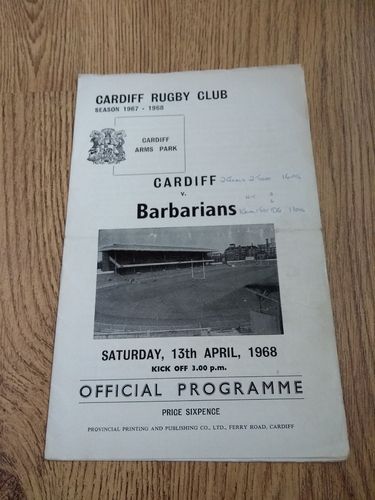 Cardiff v Barbarians Apr 1968 Rugby Programme