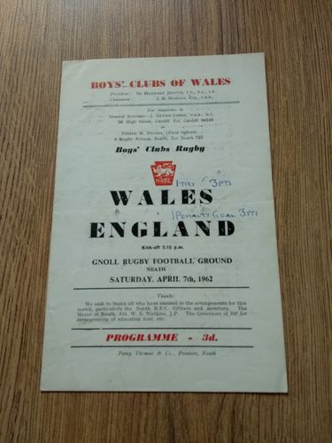 Wales Boys Clubs v England Boys Clubs Apr 1962 Rugby Programme
