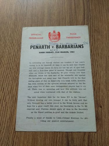 Penarth v Barbarians Mar 1961 Rugby Programme