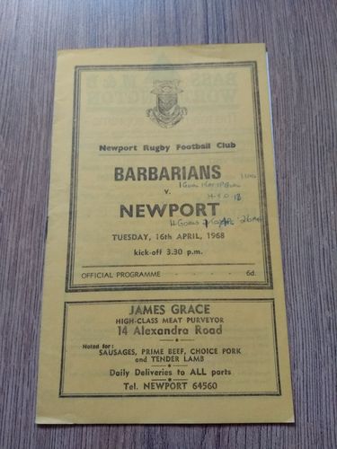 Newport v Barbarians Apr 1968 Rugby Programme