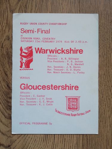 Warwickshire v Gloucestershire 1974 County Semi-Final Rugby Programme