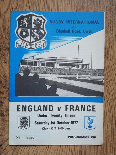 England Under 23 v France Under 23 Oct 1977 Rugby Programme