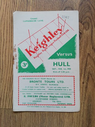 Keighley v Hull Feb 1958 Rugby League Programme