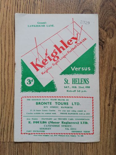 Keighley v St Helens Feb 1958 Challenge Cup Rugby League Programme