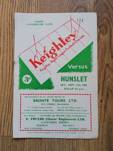 Keighley v Hunslet Sept 1958 Rugby League Programme