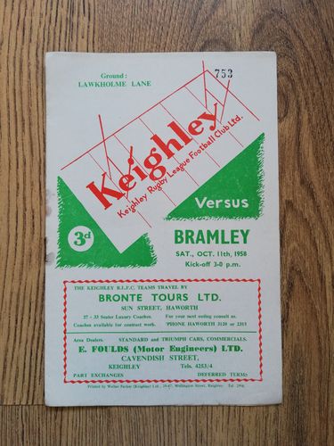 Keighley v Bramley Oct 1958 Rugby League Programme