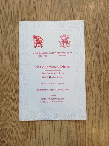 London Welsh Oct 1980 95th Anniversary Rugby Dinner Menu