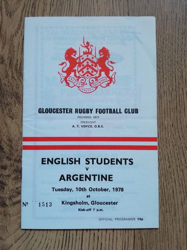 English Students v Argentina Oct 1978 Rugby Programme