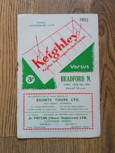 Keighley v Bradford Northern Aug 1958 Rugby League Programme