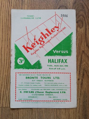 Keighley v Halifax Aug 1958 Rugby Leauge Programme