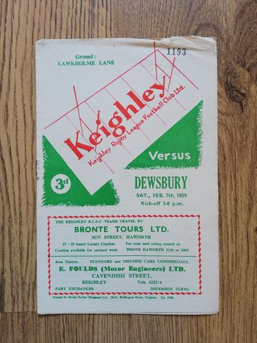 Keighley v Dewsbury Feb 1959 Rugby League Programme