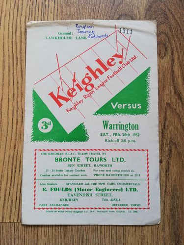 Keighley v Warrington Feb 1959 Rugby League Programme