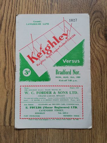 Keighley v Bradford Northern Aug 1959 Rugby League Programme