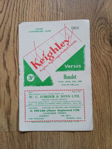 Keighley v Hunslet Aug 1959 Rugby League Programme