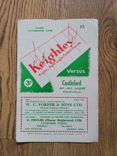 Keighley v Castleford Sept 1959 Rugby League Programme