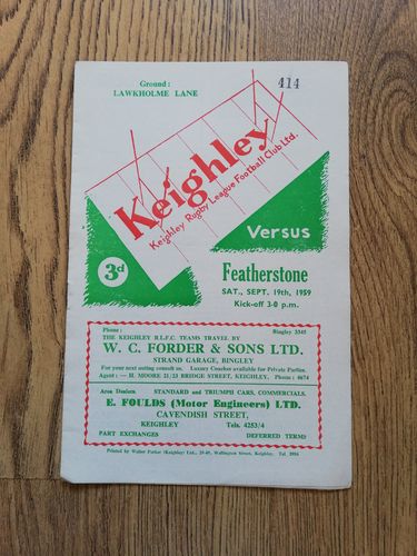 Keighley v Featherstone Sept 1959 Rugby League Programme