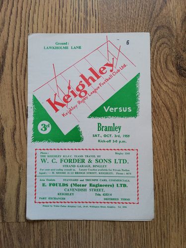 Keighley v Bramley Oct 1959 Rugby League Programme