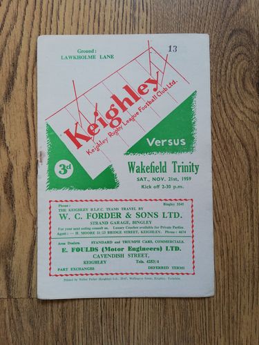 Keighley v Wakefield Nov 1959 Rugby League Programme