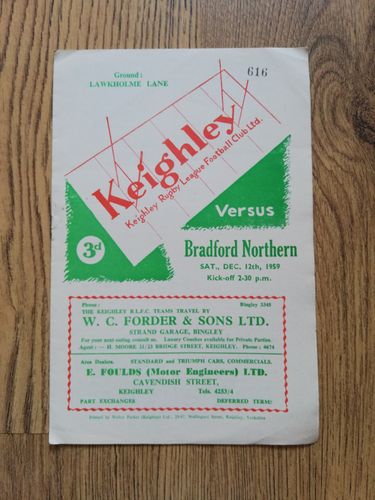 Keighley v Bradford Northern Dec 1959 Rugby League Programme