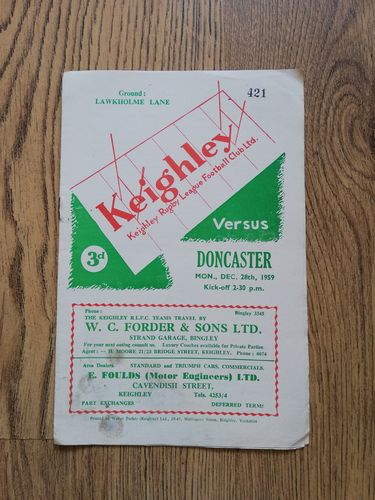 Keighley v Doncaster Dec 1959 Rugby League Programme