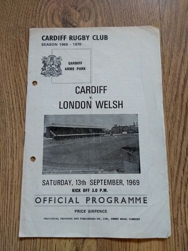 Cardiff v London Welsh Sept 1969 Rugby Programme