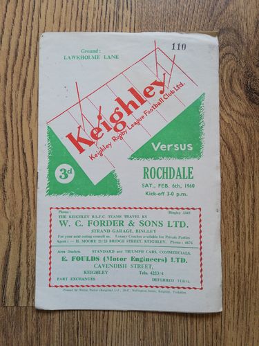 Keighley v Rochdale Feb 1960 Rugby League Programme