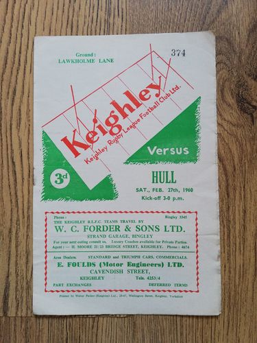 Keighley v Hull Feb 1960 Challenge Cup Rugby League Programme