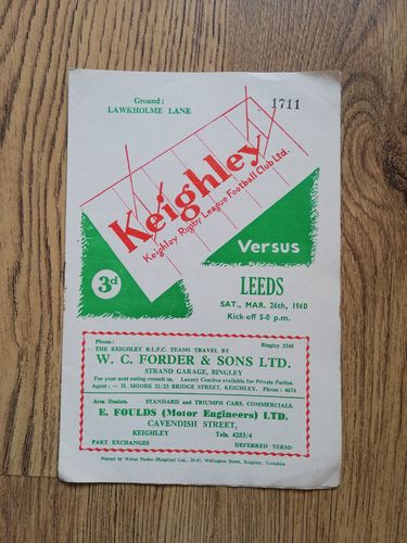 Keighley v Leeds Mar 1960 Rugby League Programme
