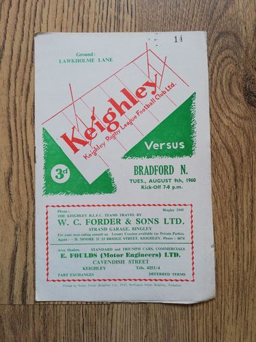 Keighley v Bradford Northern Aug 1960 Rugby League Programme