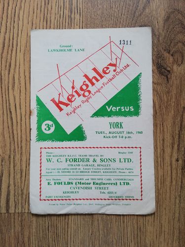 Keighley v York Aug 1960 Rugby League Programme