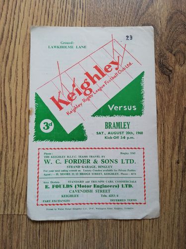 Keighley v Bramley Aug 1960 Rugby League Programme