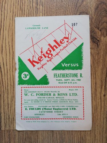 Keighley v Featherstone Sept 1960 Yorkshire Cup Rugby League Programme