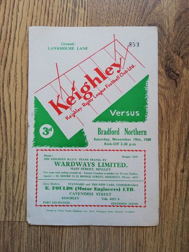 Keighley v Bradford Northern Nov 1960 Rugby League Programme