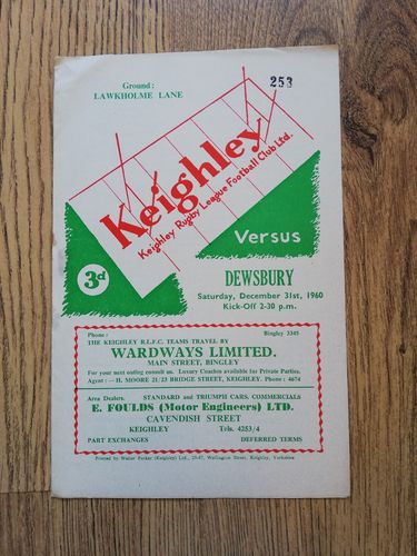 Keighley v Dewsbury Dec 1960 Rugby League Programme