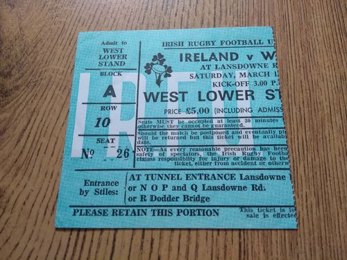 Ireland v Wales 1980 Used Rugby Ticket