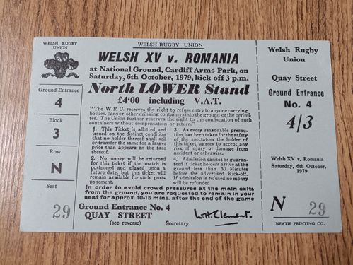 Welsh XV v Romania 1979 Used Rugby Ticket